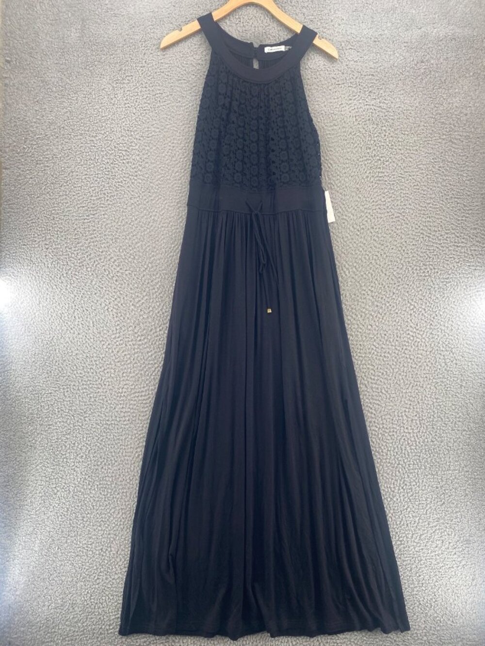 Calvin Klein Dress Womens 12 Black Crochet Bodice Maxi Halter Neck Tie Waist NWT